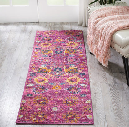 8' X 10' Fuchsia And Orange Floral Distressed Area Rug