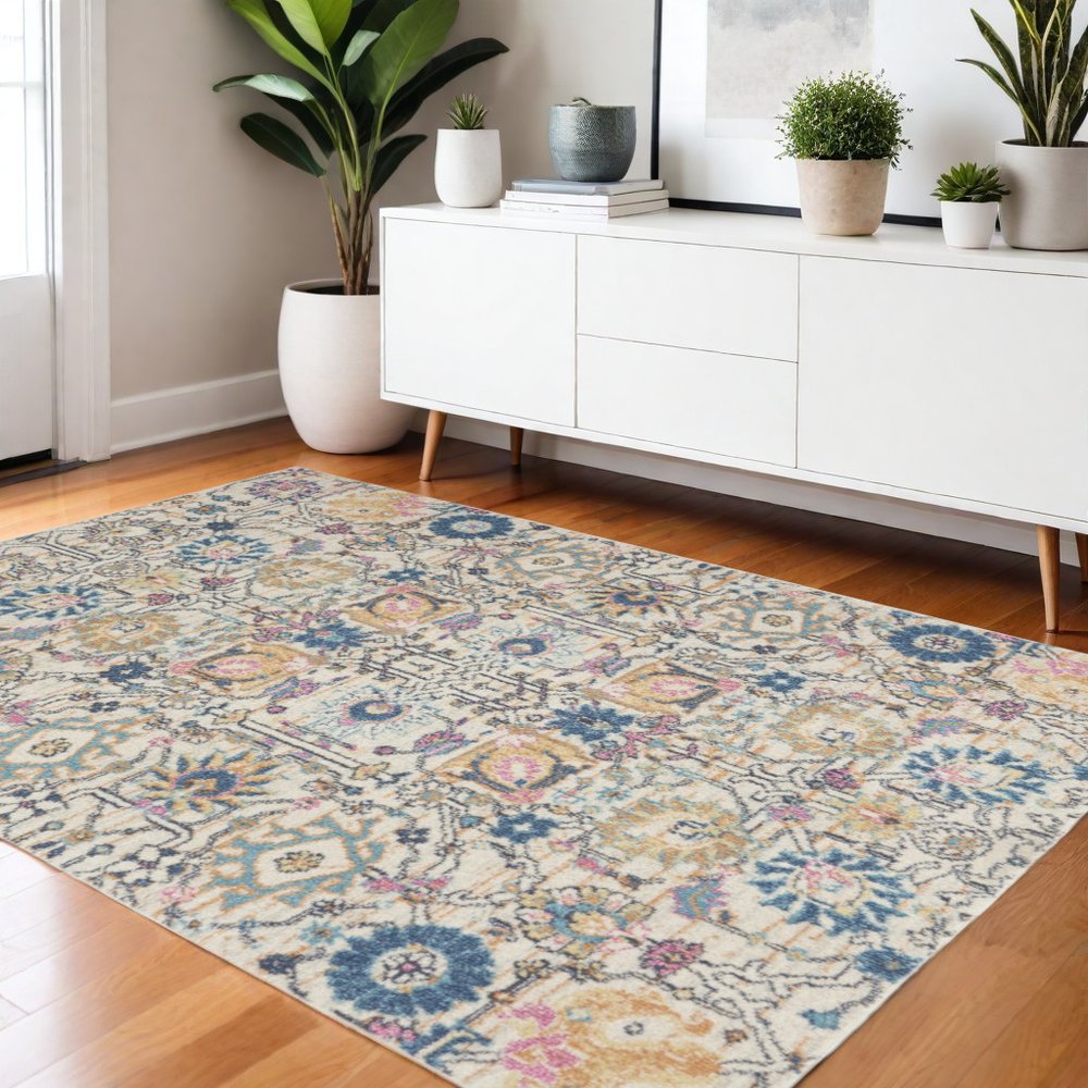 4' X 6' Ivory And Blue Floral Area Rug