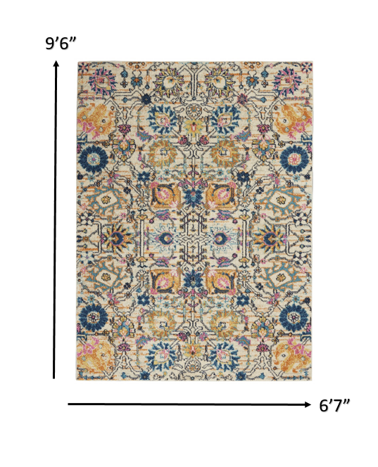 8' X 10' Orange And Ivory Floral Power Loom Area Rug