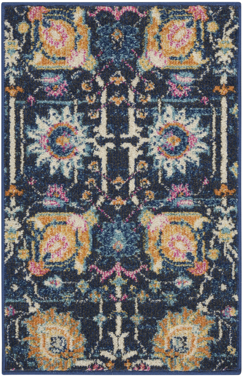 7' X 10' Navy Blue Floral Power Loom Area Rug