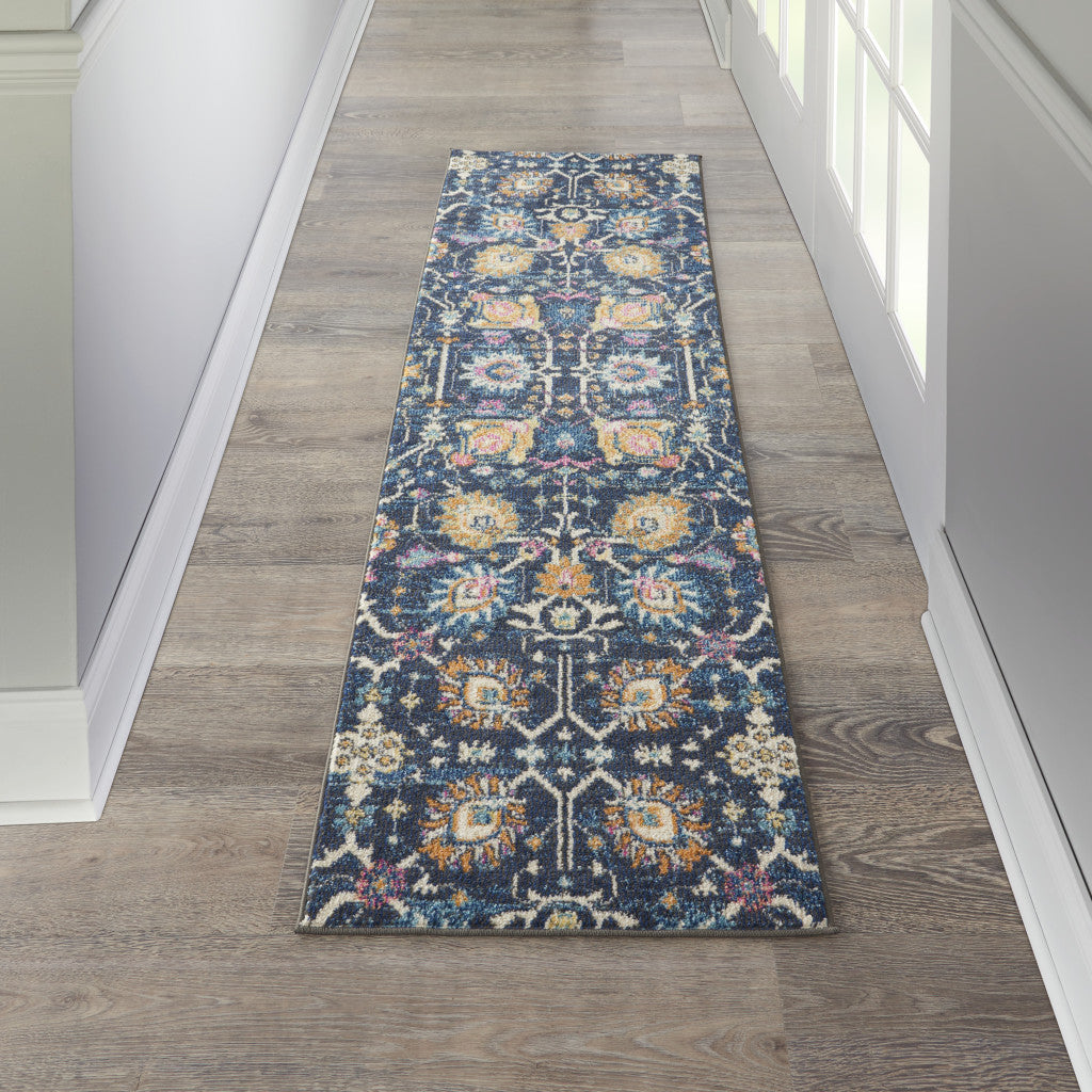 5' X 7' Navy Blue Floral Power Loom Area Rug