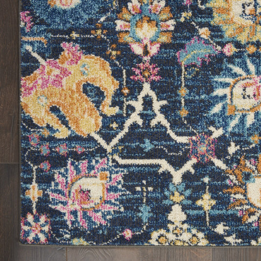 8' Navy Blue Floral Power Loom Runner Rug