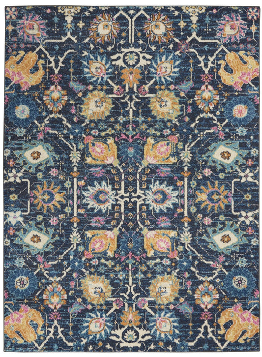 4' X 6' Navy Blue Floral Power Loom Area Rug