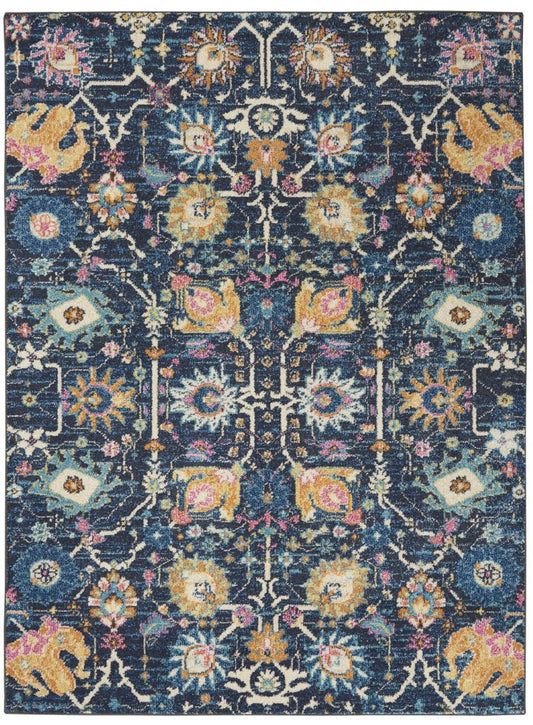 4' X 6' Navy Blue Yellow And Pink Floral Area Rug