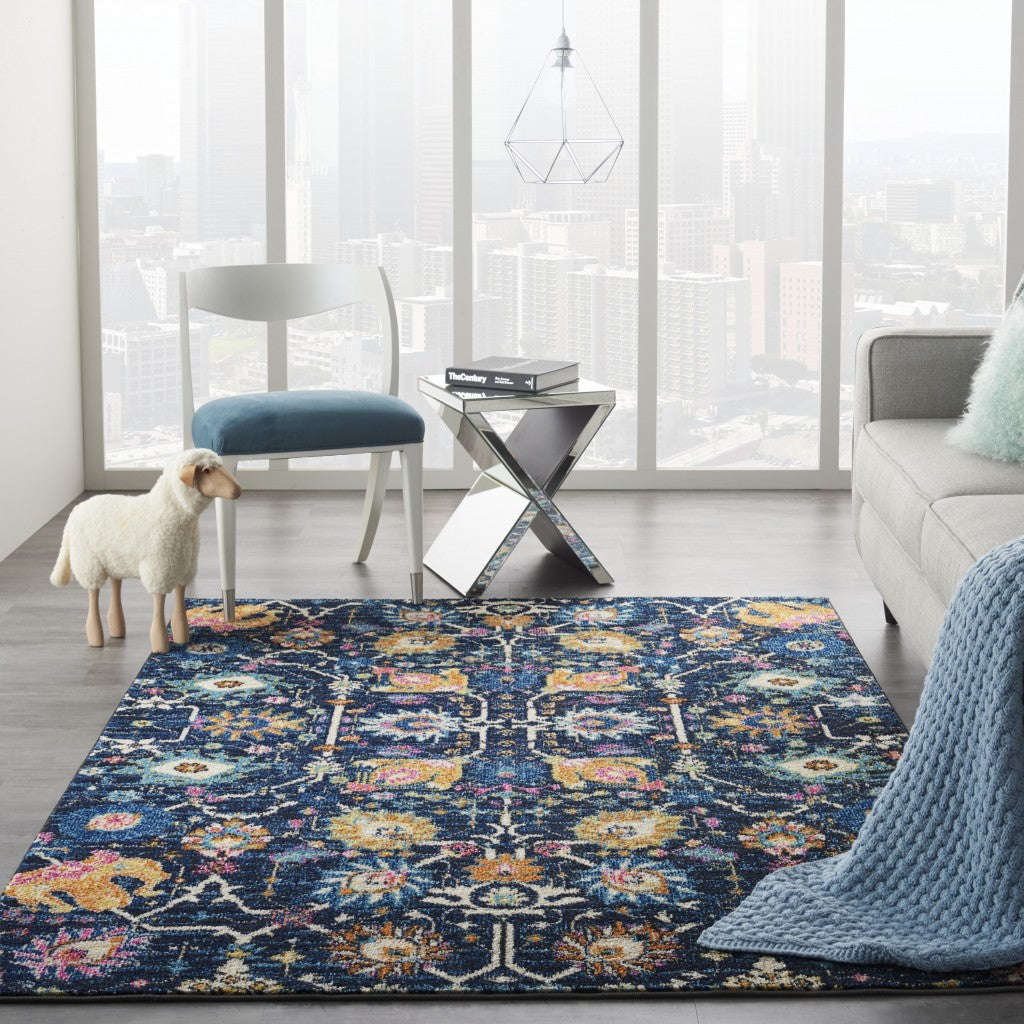 4' X 6' Navy Blue Floral Power Loom Area Rug