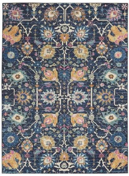 4' X 6' Navy Blue Yellow And Pink Floral Area Rug