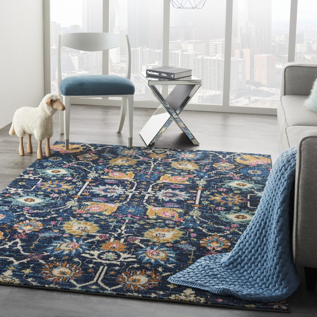 7' X 10' Navy Blue Floral Power Loom Area Rug