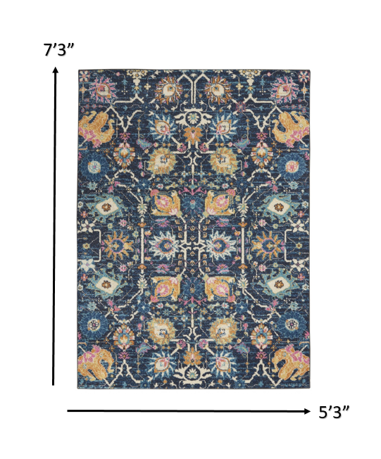 7' X 10' Navy Blue Floral Power Loom Area Rug