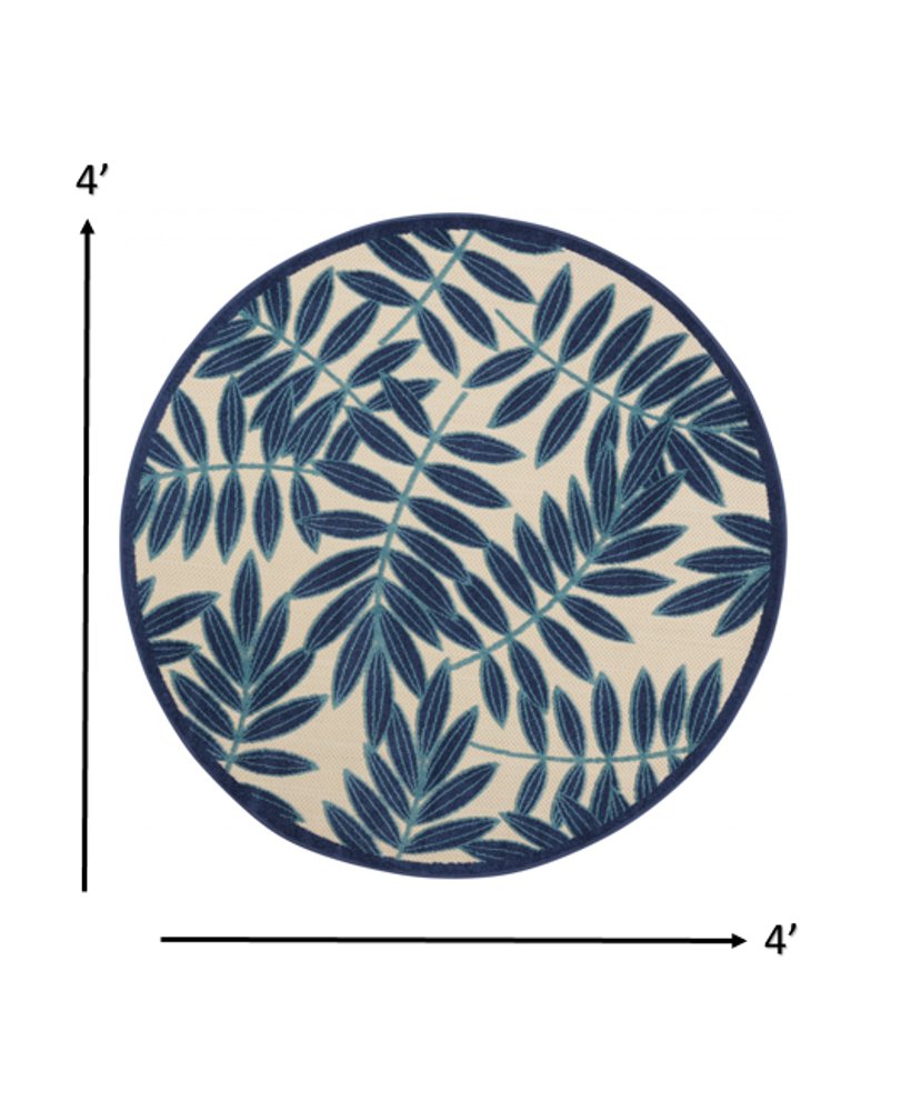 5' X 5' Blue And Ivory Round Floral Indoor Outdoor Area Rug