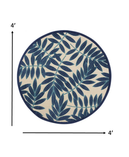 5' X 5' Blue And Ivory Round Floral Indoor Outdoor Area Rug