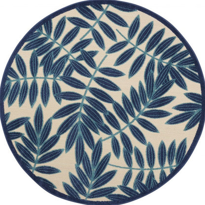 5' X 5' Blue And Ivory Round Floral Indoor Outdoor Area Rug