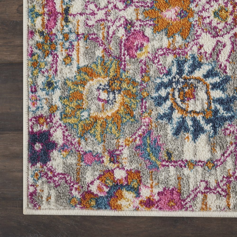 8' Silver Gray And Pink Floral Distressed Runner Rug