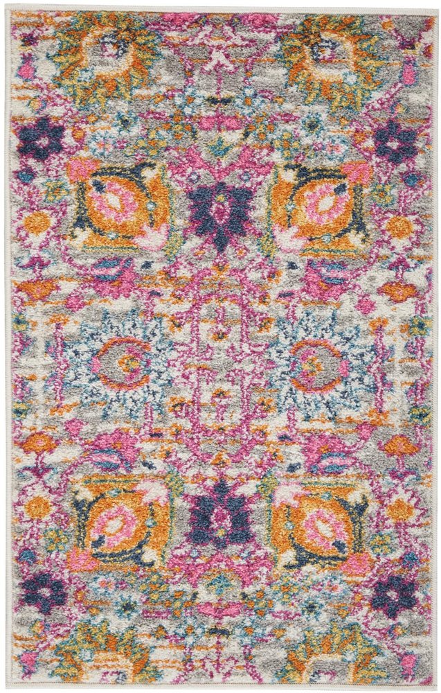 8' Silver Gray And Pink Floral Distressed Runner Rug