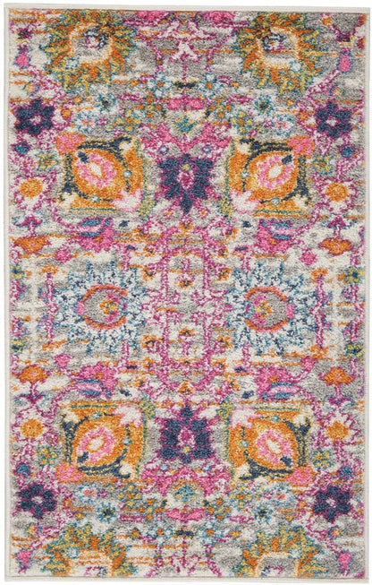 8' Silver Gray And Pink Floral Distressed Runner Rug