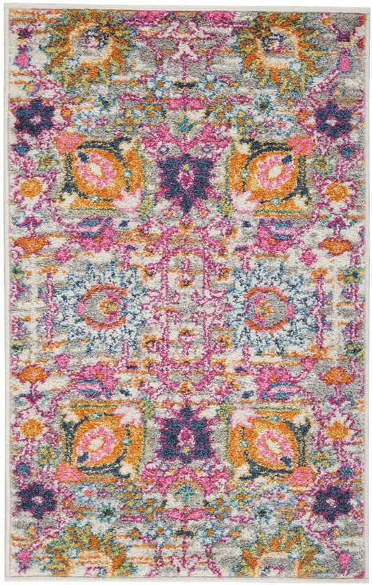 8' Silver Gray And Pink Floral Distressed Runner Rug
