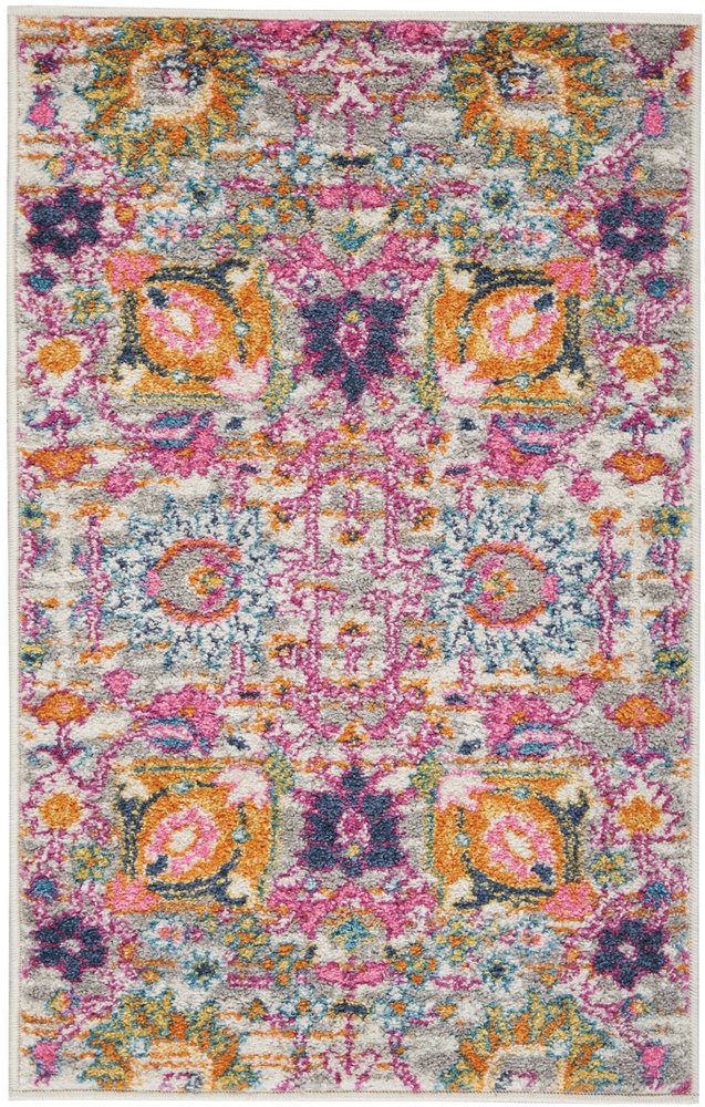 5' X 7' Gray And Pink Floral Distressed Area Rug