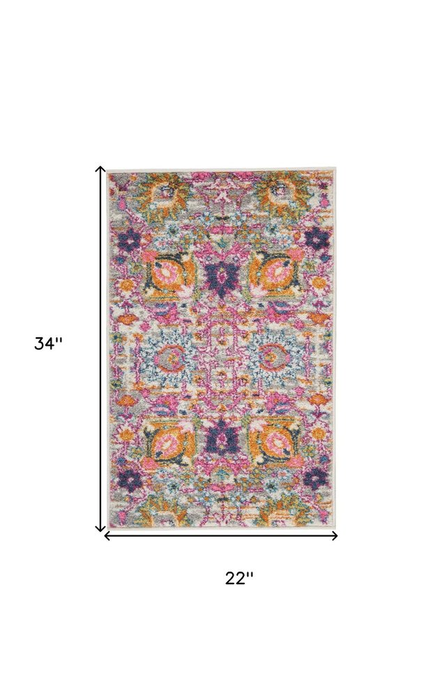 8' Silver Gray And Pink Floral Distressed Runner Rug