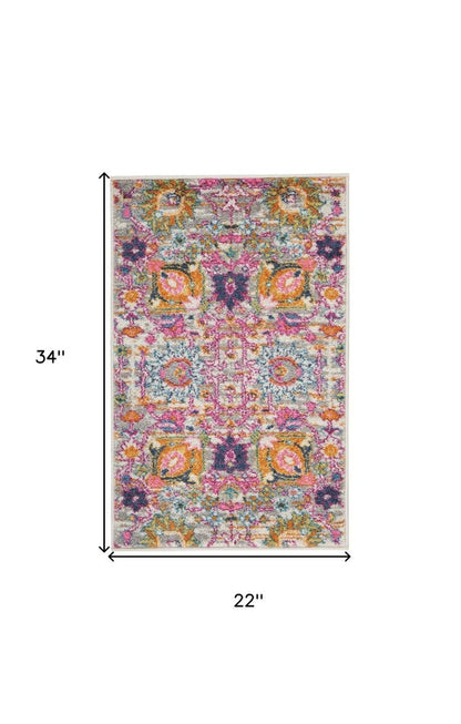 8' Silver Gray And Pink Floral Distressed Runner Rug