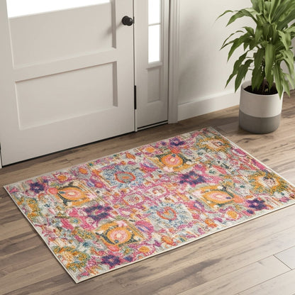 8' Silver Gray And Pink Floral Distressed Runner Rug