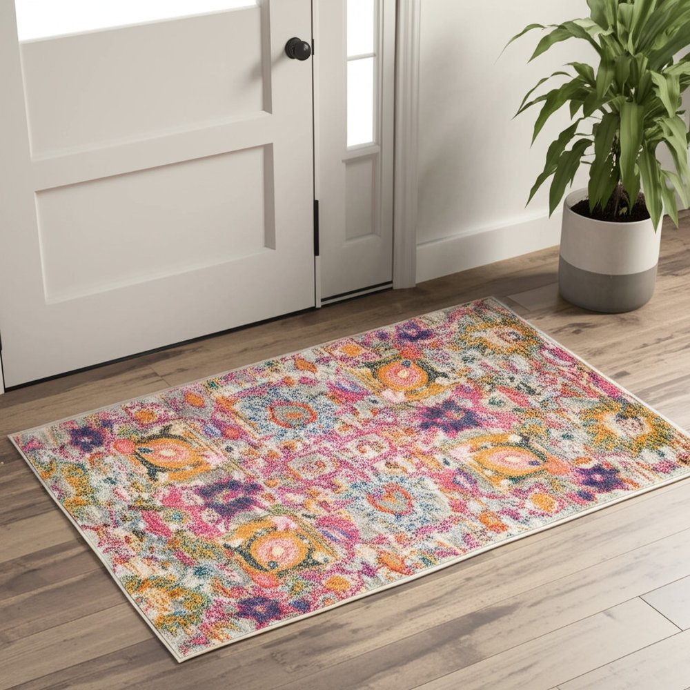 5' X 7' Gray And Pink Floral Distressed Area Rug