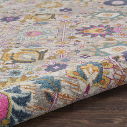 8' Silver Gray And Pink Floral Distressed Runner Rug