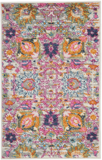 8' Silver Gray And Pink Floral Distressed Runner Rug