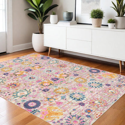 8' Silver Gray And Pink Floral Distressed Runner Rug