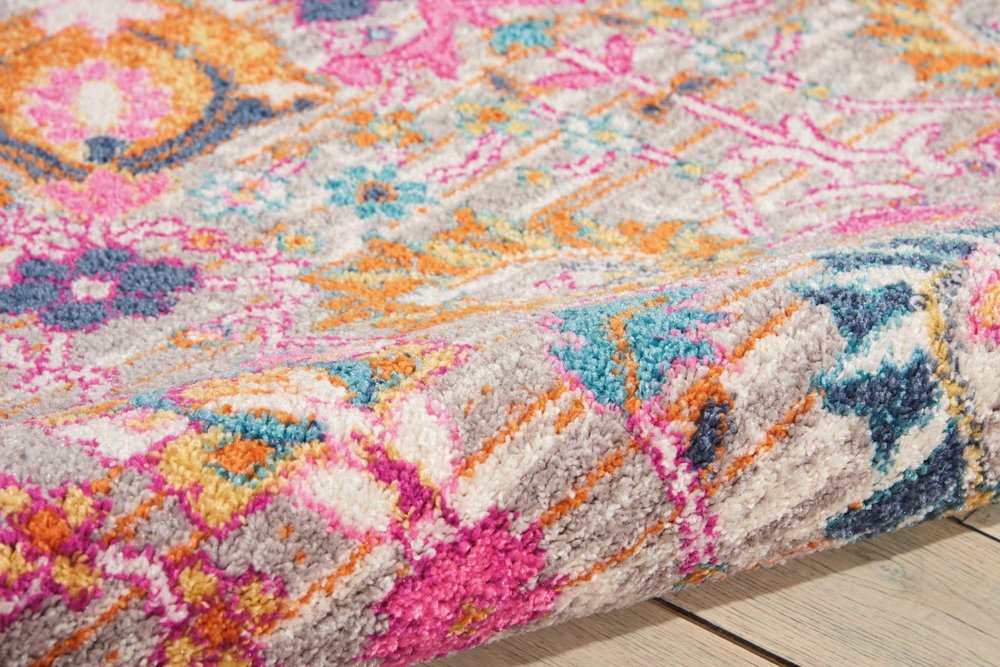 8' Silver Gray And Pink Floral Distressed Runner Rug