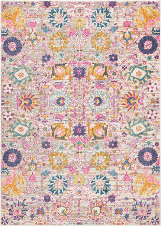 5' X 7' Gray And Pink Floral Distressed Area Rug