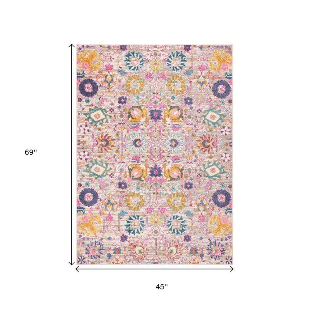 8' Silver Gray And Pink Floral Distressed Runner Rug