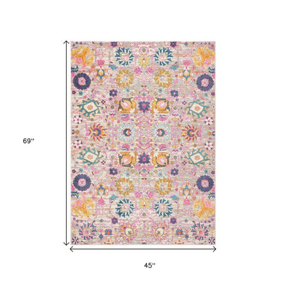 5' X 7' Gray And Pink Floral Distressed Area Rug