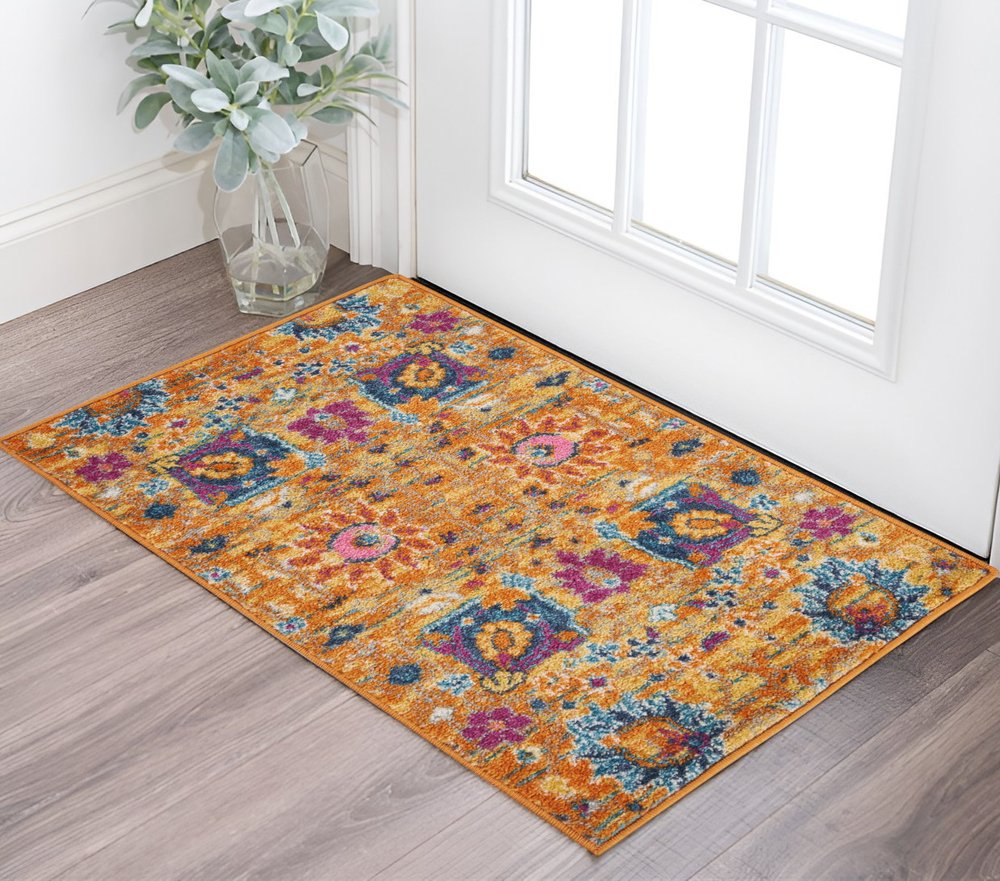 2' X 3' Blue And Orange Floral Distressed Area Rug