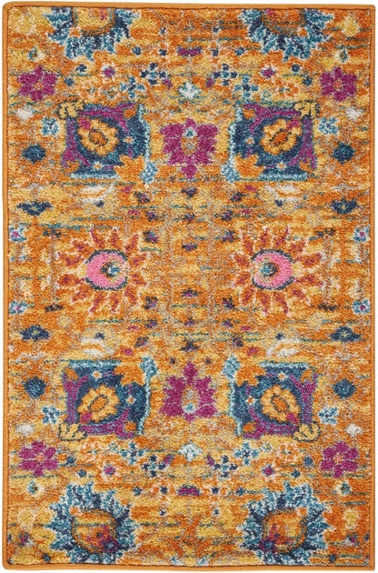 2' X 3' Blue And Orange Floral Distressed Area Rug