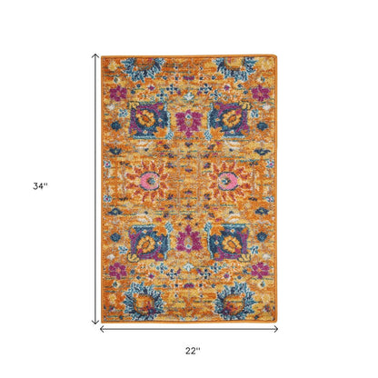 2' X 3' Blue And Orange Floral Distressed Area Rug