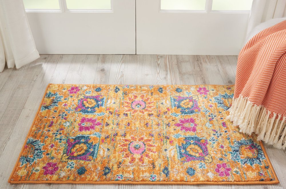 2' X 3' Blue And Orange Floral Distressed Area Rug