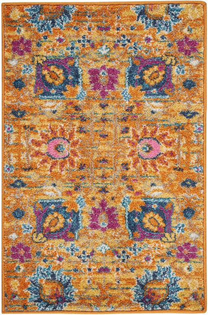 2' X 3' Blue And Orange Floral Distressed Area Rug