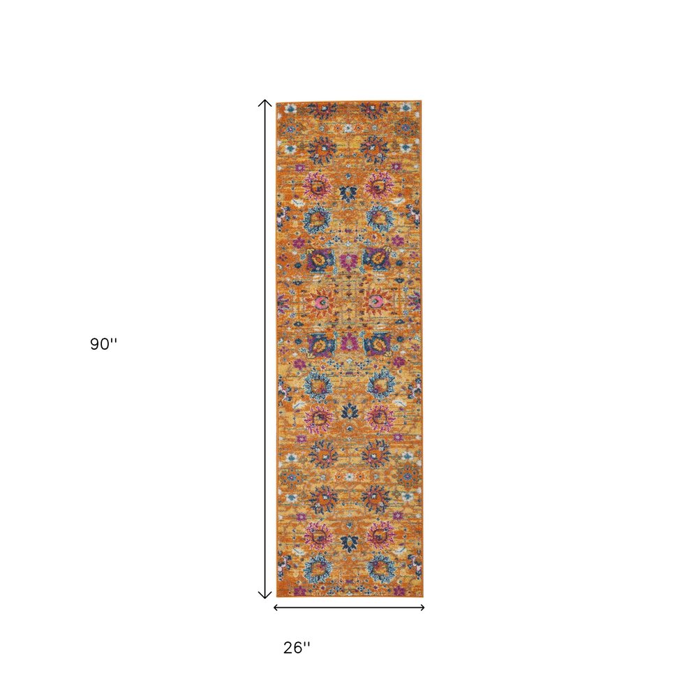 2' X 3' Blue And Orange Floral Distressed Area Rug