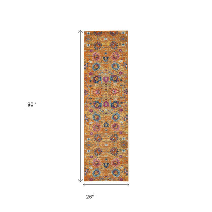 2' X 3' Blue And Orange Floral Distressed Area Rug