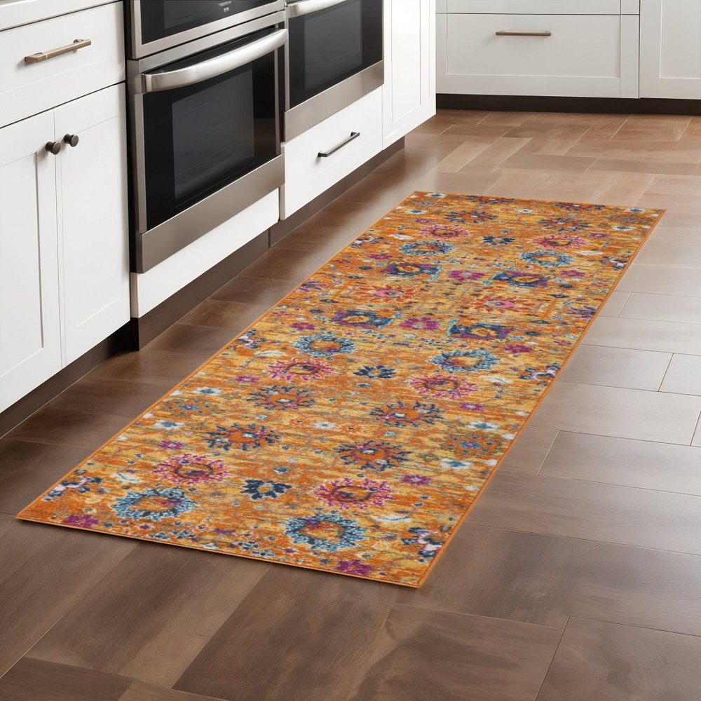 2' X 3' Blue And Orange Floral Distressed Area Rug