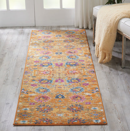 2' X 3' Blue And Orange Floral Distressed Area Rug