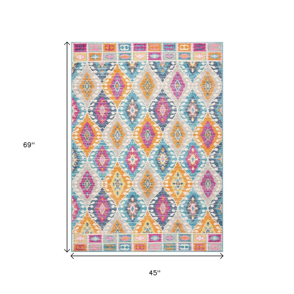 4' X 6' Gray Blue And Orange Ogee Distressed Area Rug