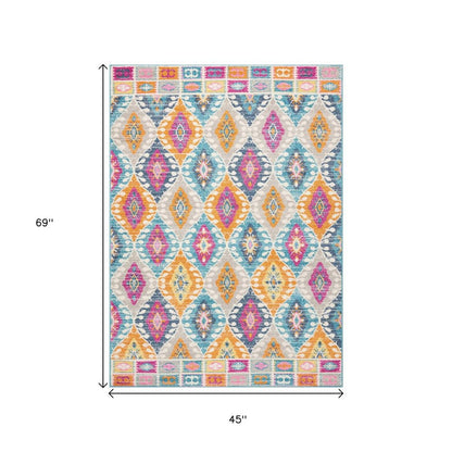 4' X 6' Gray Blue And Orange Ogee Distressed Area Rug