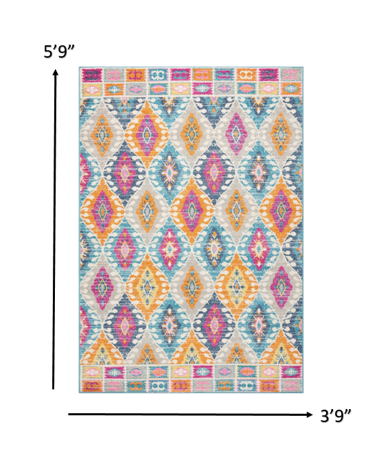 4' X 6' Blue And Pink Ogee Power Loom Area Rug