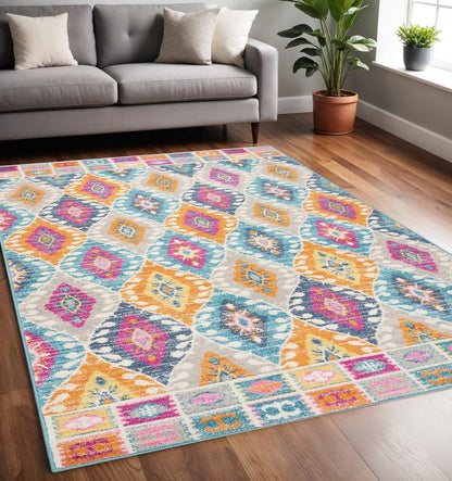8' X 10' Gray Blue And Orange Ogee Distressed Area Rug