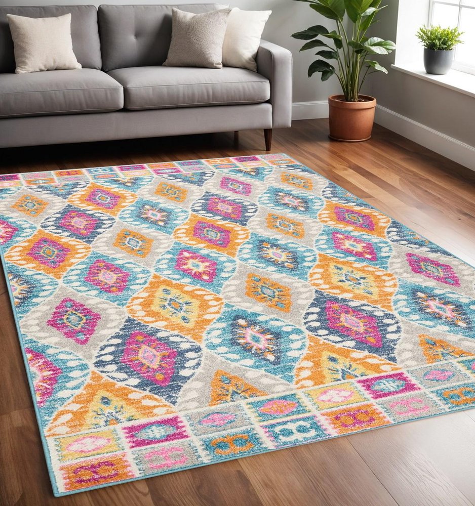 5' X 7' Gray Blue And Orange Ogee Distressed Area Rug