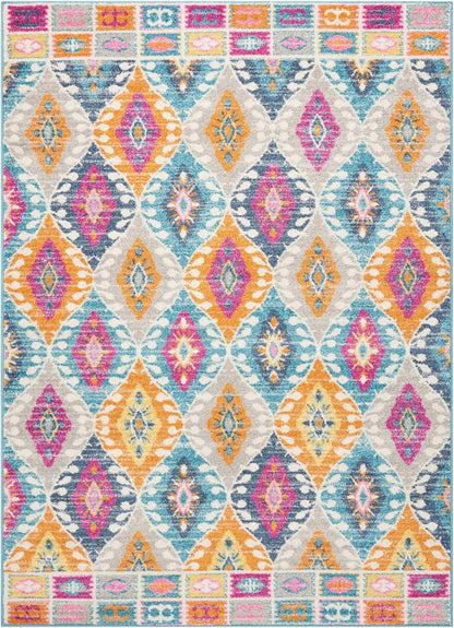 5' X 7' Gray Blue And Orange Ogee Distressed Area Rug