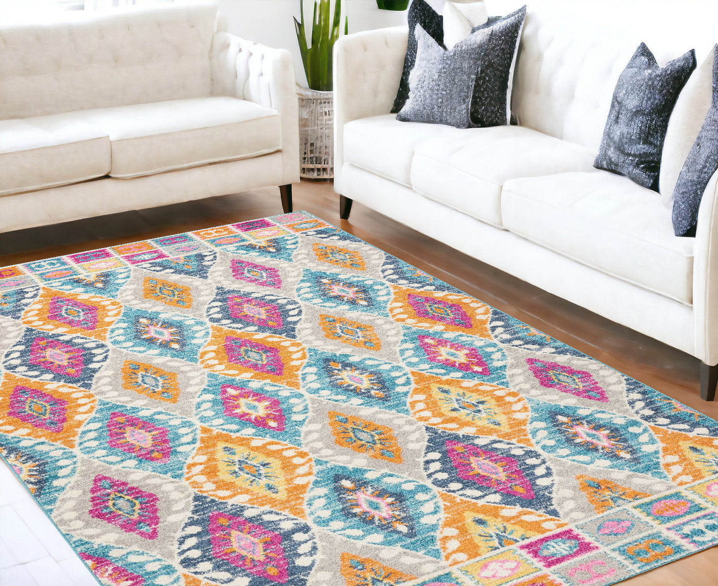 5' X 7' Blue And Pink Ogee Power Loom Area Rug