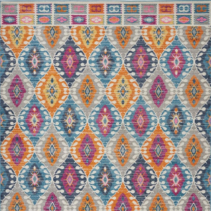 5' X 7' Gray Blue And Orange Ogee Distressed Area Rug