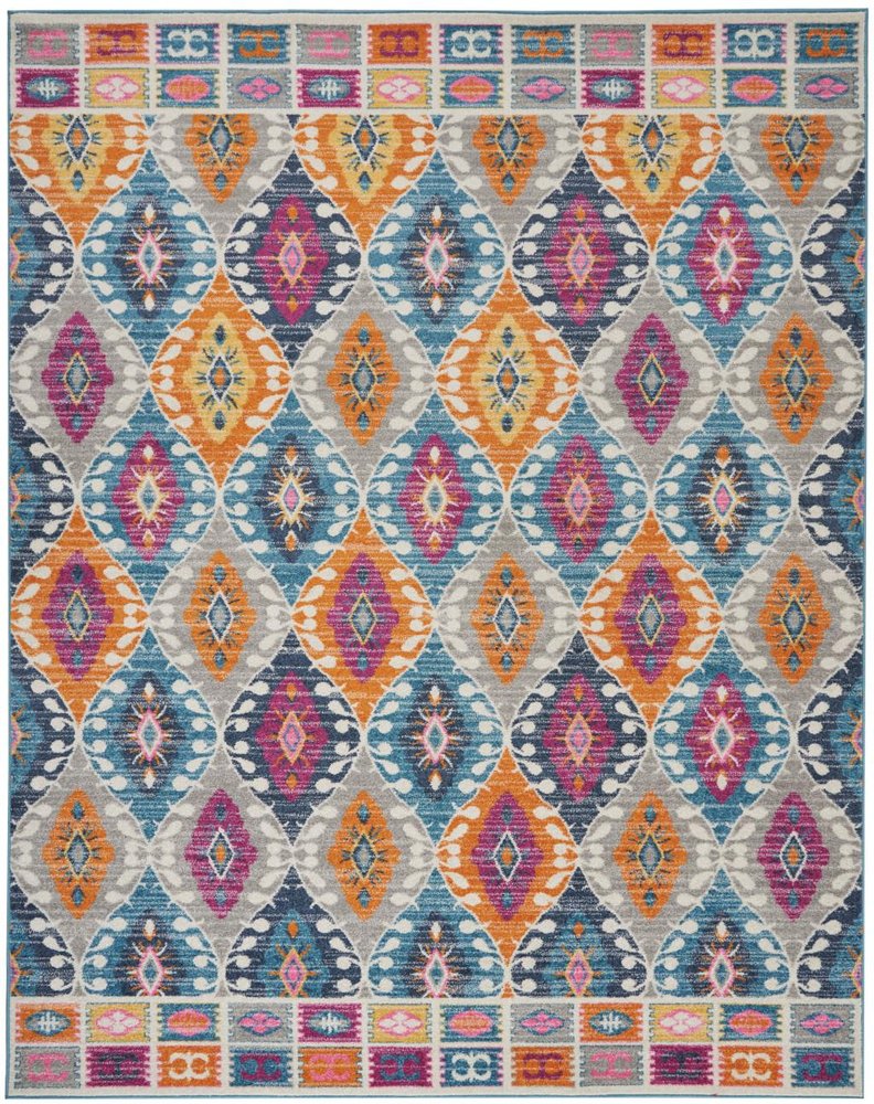 5' X 7' Gray Blue And Orange Ogee Distressed Area Rug
