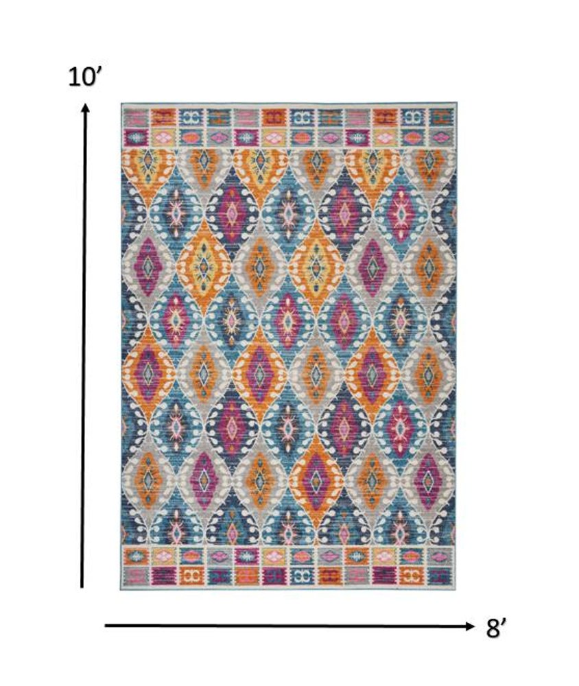 5' X 7' Gray Blue And Orange Ogee Distressed Area Rug